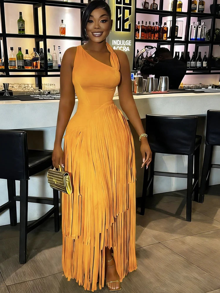 Luxury Red One Shoulder Fringe Maxi Dress For Girls