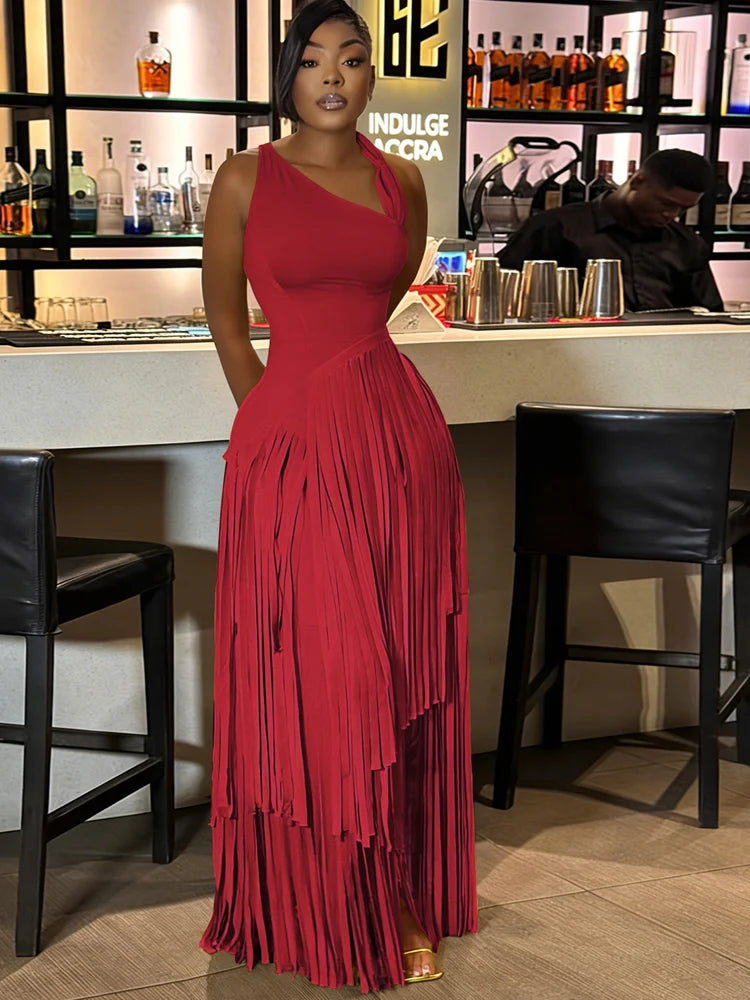 Luxury Red One Shoulder Fringe Maxi Dress For Girls