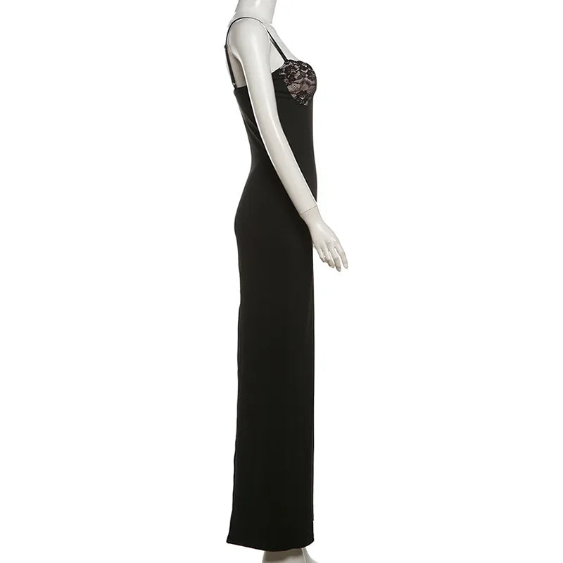 Luxury Y2K Lace Trim Bodycon Maxi Dress For
