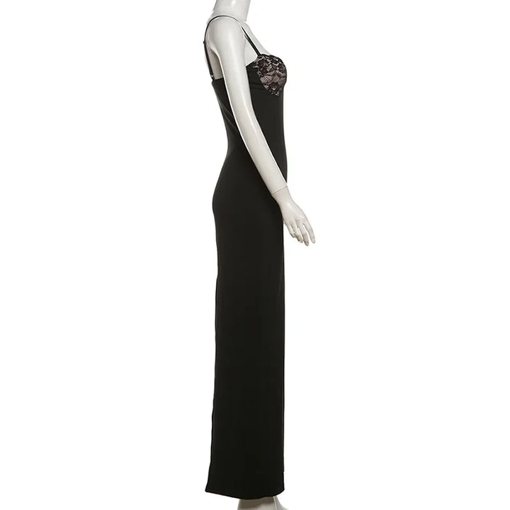 Luxury Y2K Lace Trim Bodycon Maxi Dress For