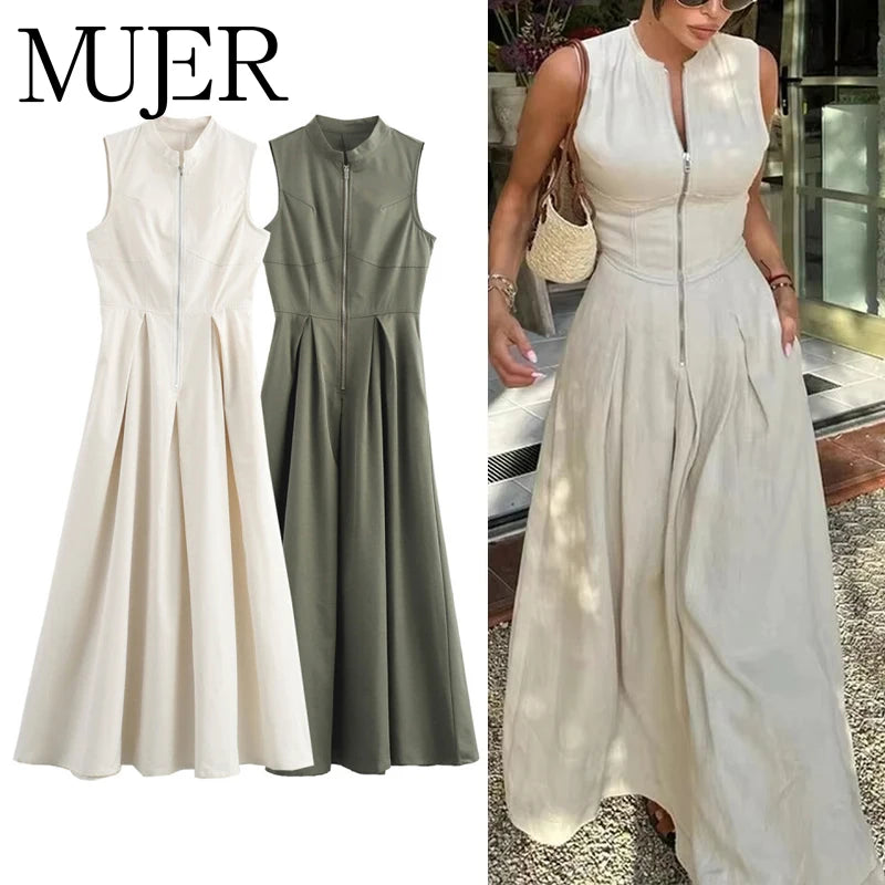 Mujer Zipper Long Pleated Sleeveless Midi Dress