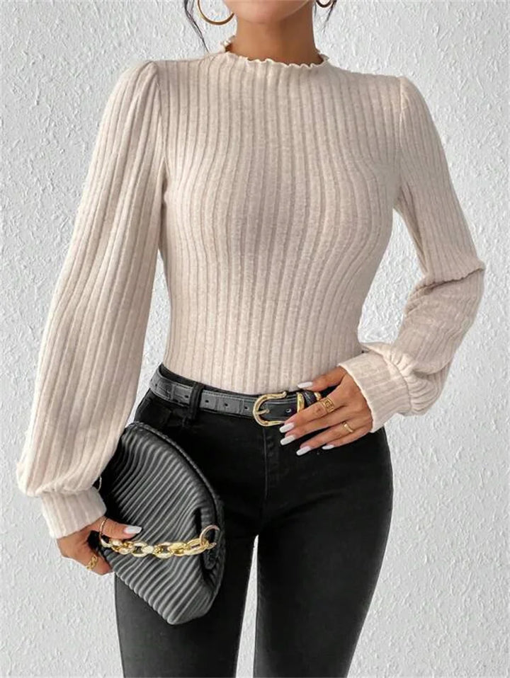 Women Fall Ribbed Knit Bodysuit With Lantern Sleeves Slim Fitted