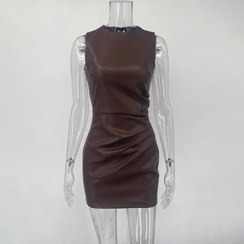 Sleeveless Leather Maxi Dress High Waist Party