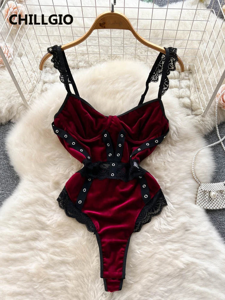ChillGio Velour Bodysuit Women Lace Patchwork
