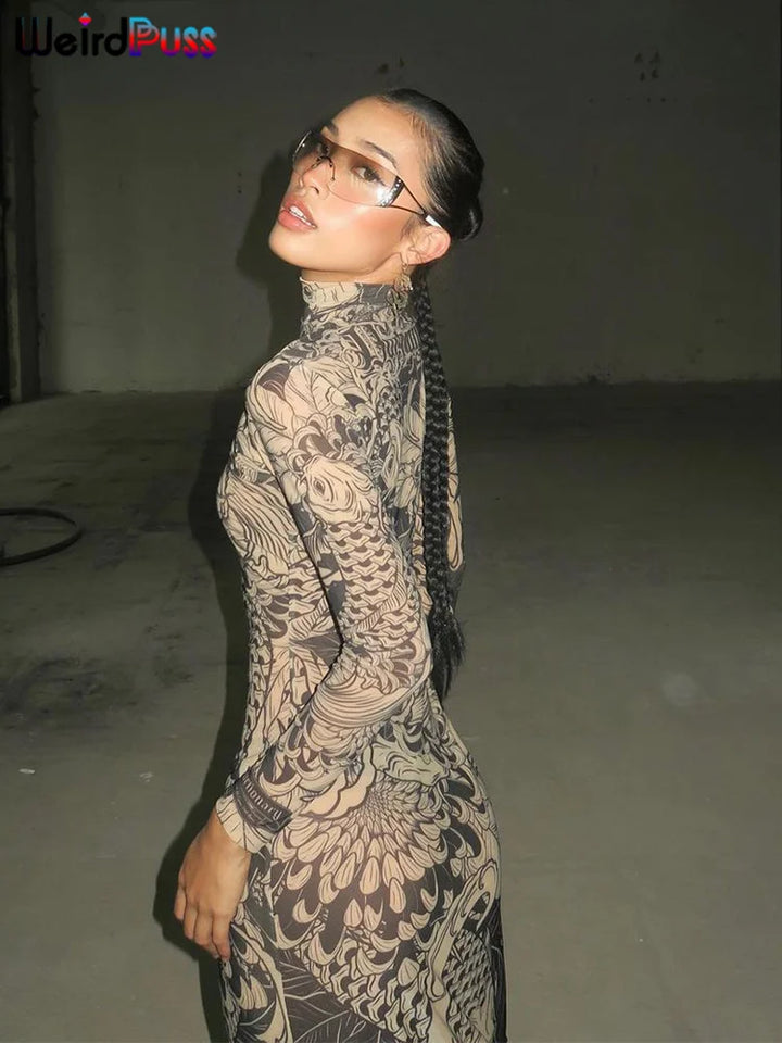 Weird Puss Mesh Print Maxi Dress Turtleneck