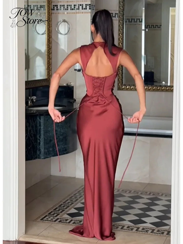 Solid Satin Cowl Neck Dress Women Sleeveless Elegant Ruched Waist Fishtail Bodycon Summer Party Elegance