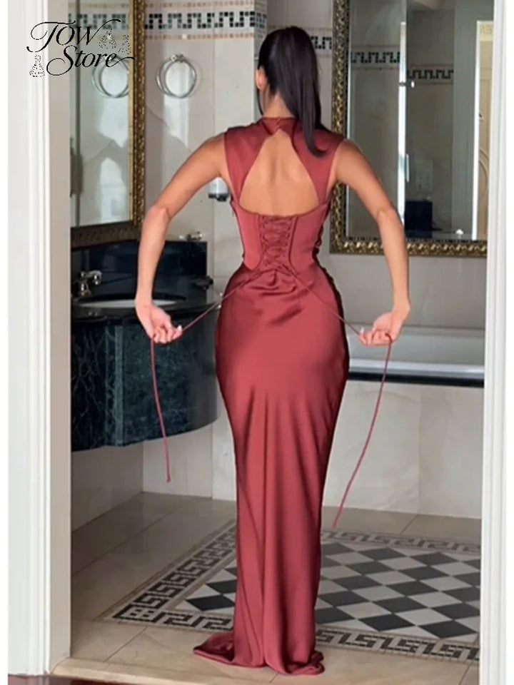 Solid Satin Cowl Neck Dress Women Sleeveless Elegant Ruched Waist Fishtail Bodycon Summer Party Elegance