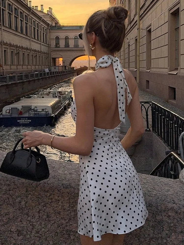 Polka Dot Elegant Off Shoulder Sleeveless Backless High Waist Halter Mini Dress Y2K Summer Fashion Club Party Vestidos