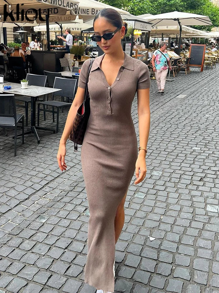 Kliou Elegant Solid Maxi Dress Short Sleeve Body Shaping Office Wear