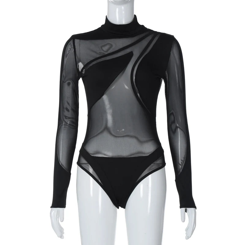 Hugcitar Black Turtleneck Sheer Bodysuit For Women