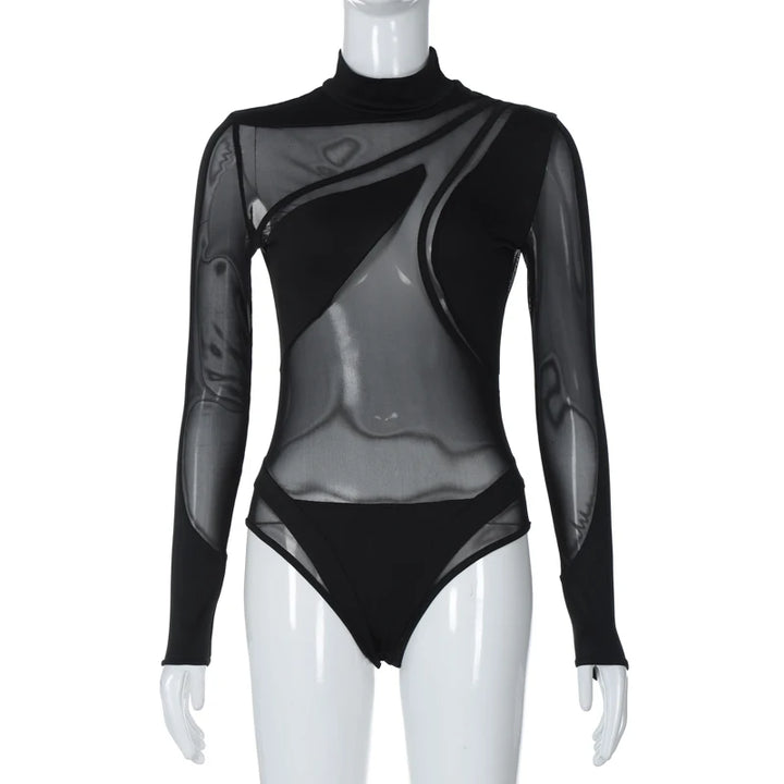 Hugcitar Black Turtleneck Sheer Bodysuit For Women