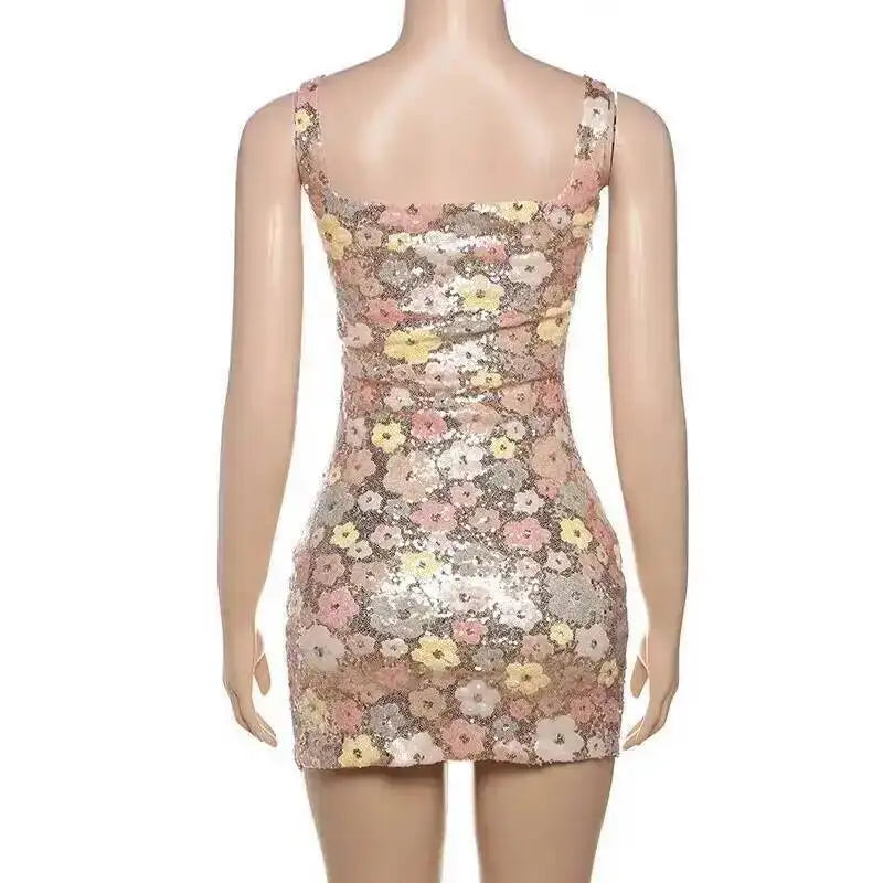 Elegant Floral Sequin Mini Dress With Spaghetti