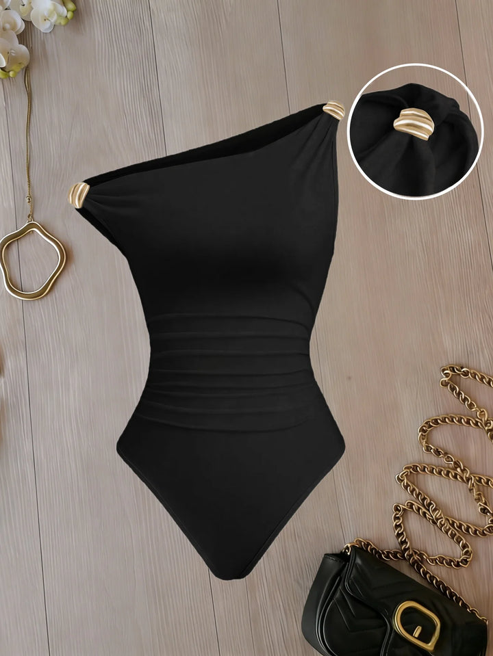 Stylish One Shoulder Ruched Bodysuit With Metal Detail