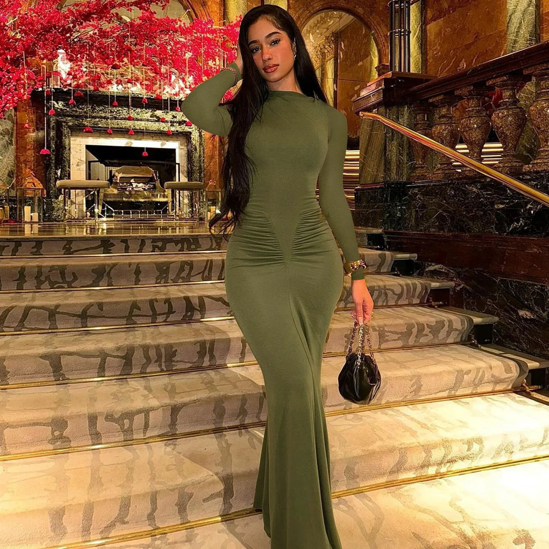 Hugcitar Premium Ruche Maxi Dress For Autumn