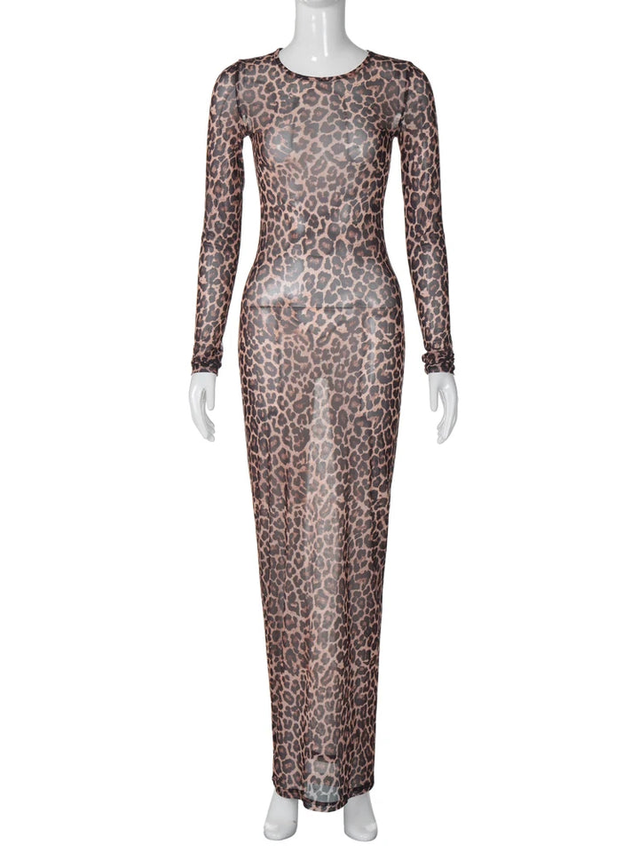 Hugcitar Leopard Mesh Maxi Dress For Beach And Club Nights
