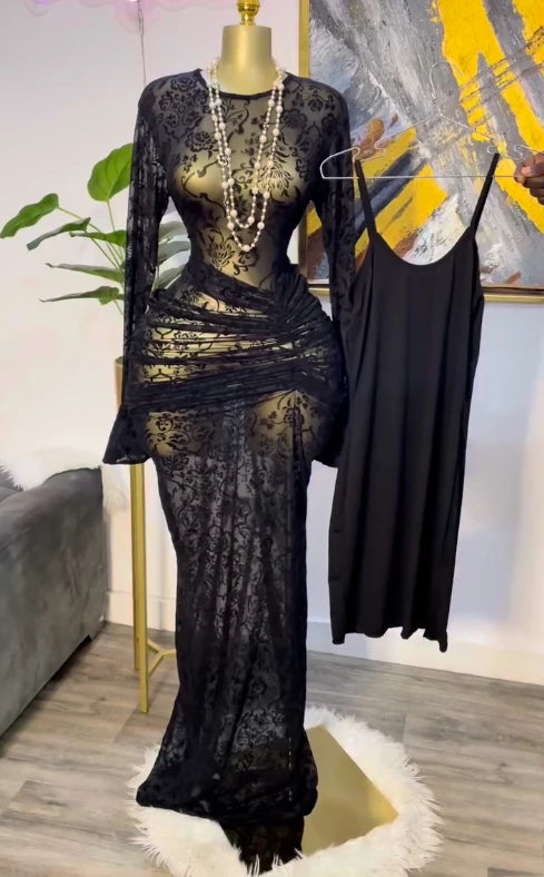 CM.YAYA Fall Long Sleeve See Through Lined Dress