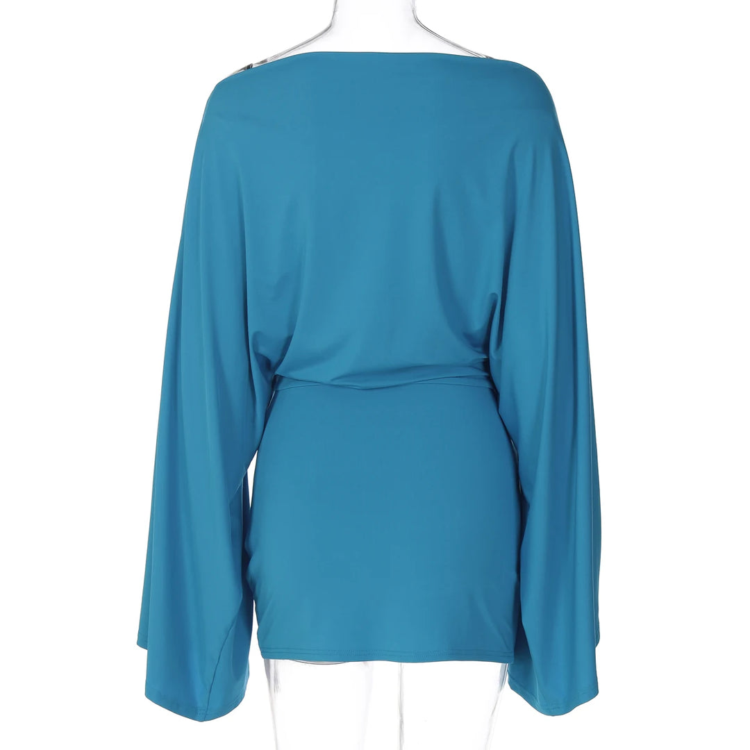 Elegant Ruched Mini Knit Dress With Cloak Sleeves