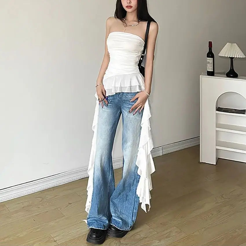 Sexy Off Shoulder New Tank Tops Fashion Women Spring Summer Sleeveless High Street Chest Warp Crop Top Casual Tassel Y2K Tees