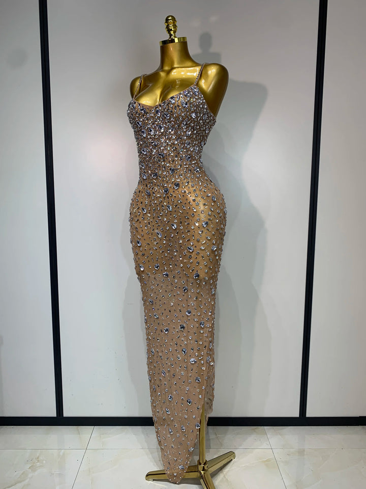 Rhinestone Mesh Bodycon Dress For Women Red Carpet