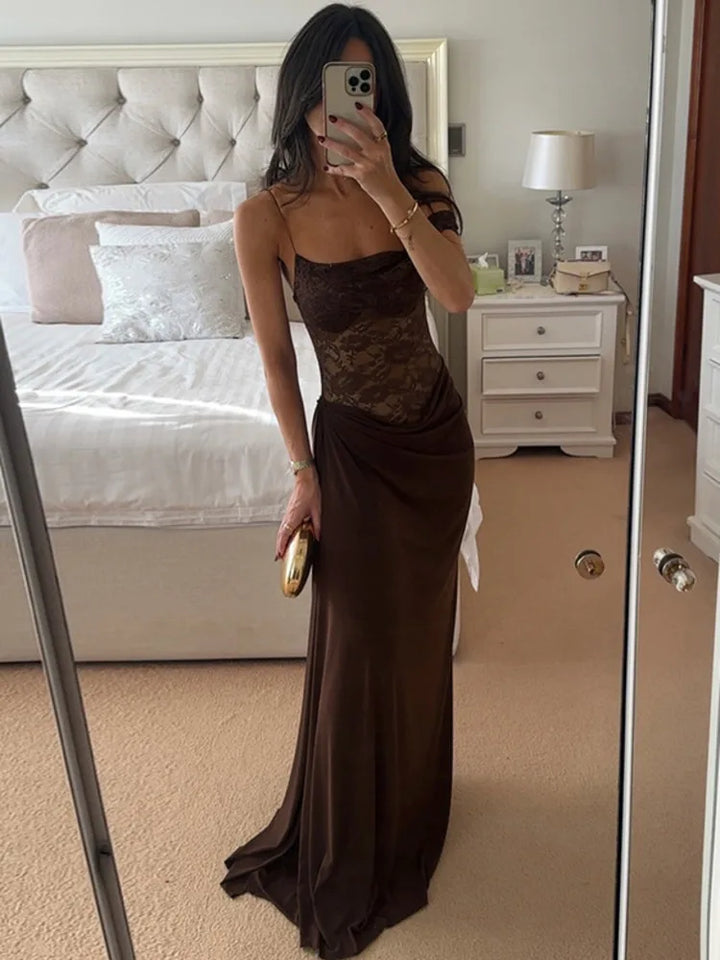 Elegant One Shoulder Lace See Through Sexy Maxi Dress