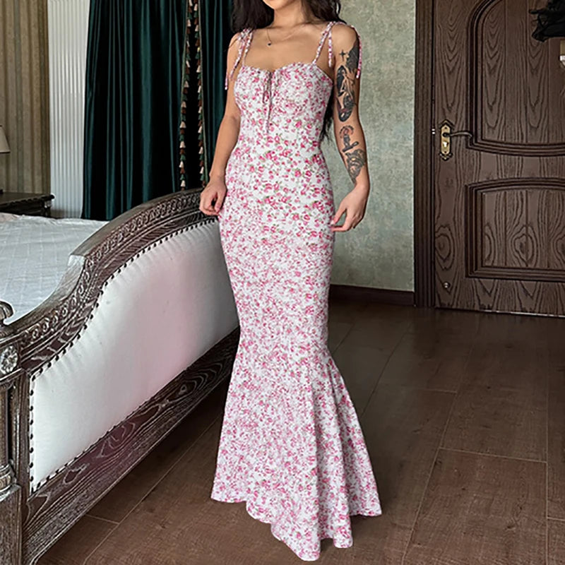 Floral Sleeveless Backless Lace Up Bodycon Maxi
