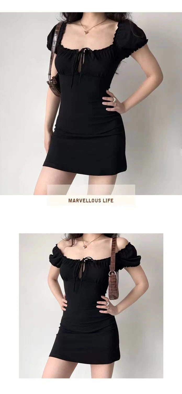 Chic Black Square Collar Mini Dress With Puff