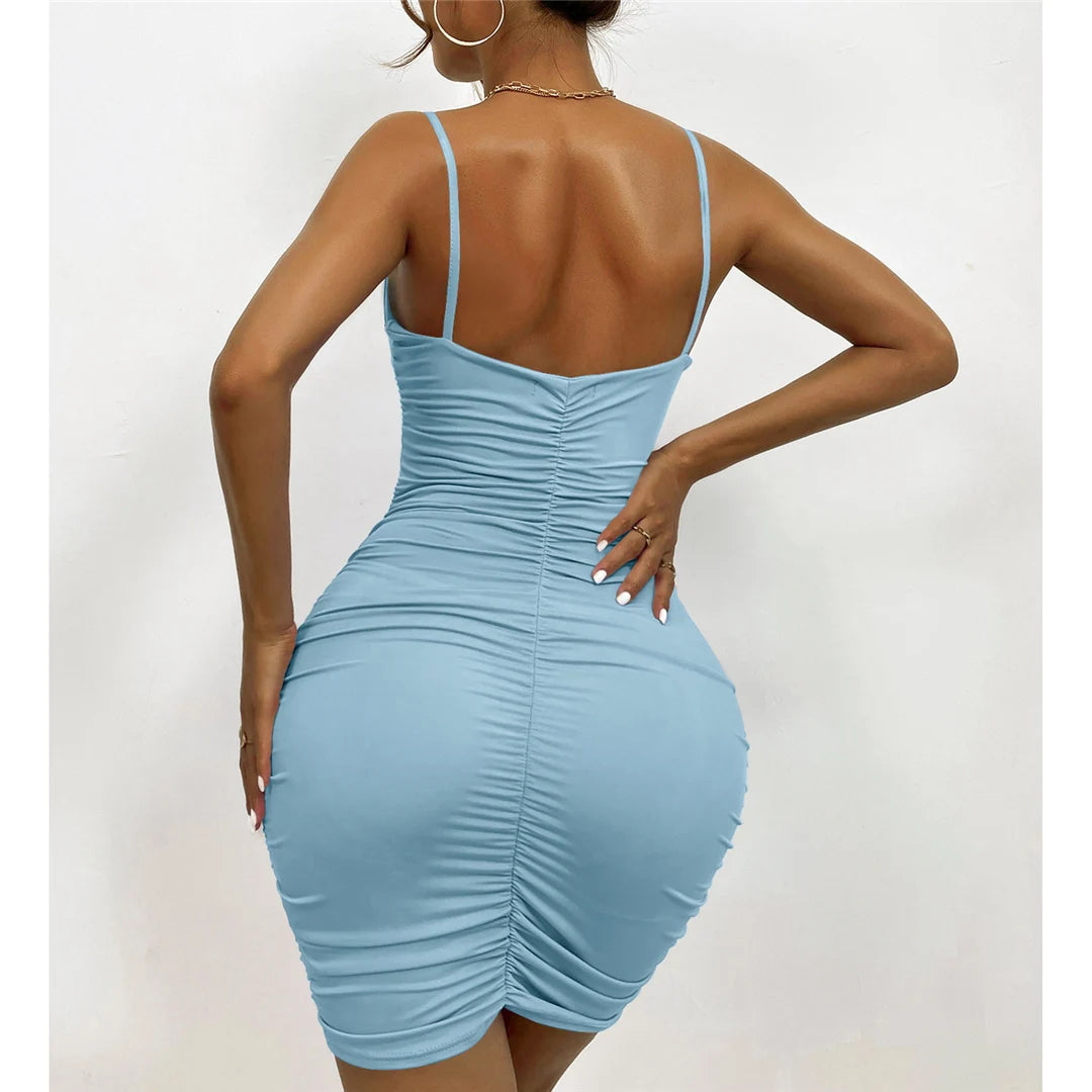 Signature V Neck Pleated Bodycon Mini Dress