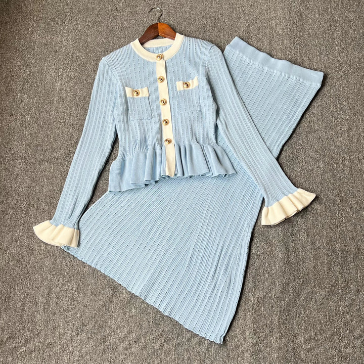 YuooMuoo Knit Maxi Dress V Neck Ruffles Slim Waist