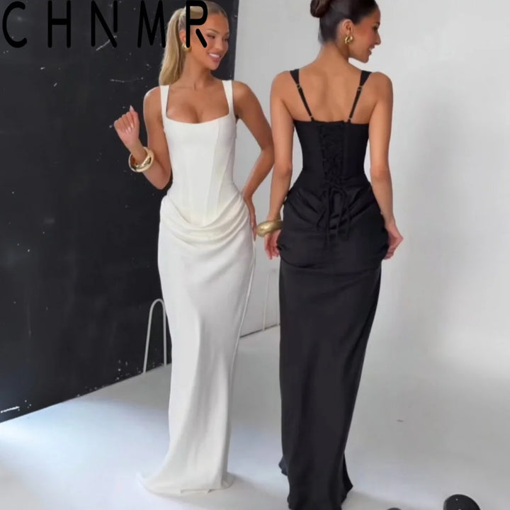 Backless Ruched Maxi Dress Women U Neck Sleeveless