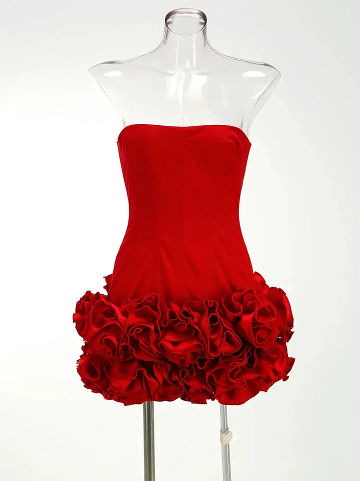 VC Christmas Dress Strapless Backless Red Structured Floral Embellished Mini Length Bodycon Celebrity Party Cocktail Dress
