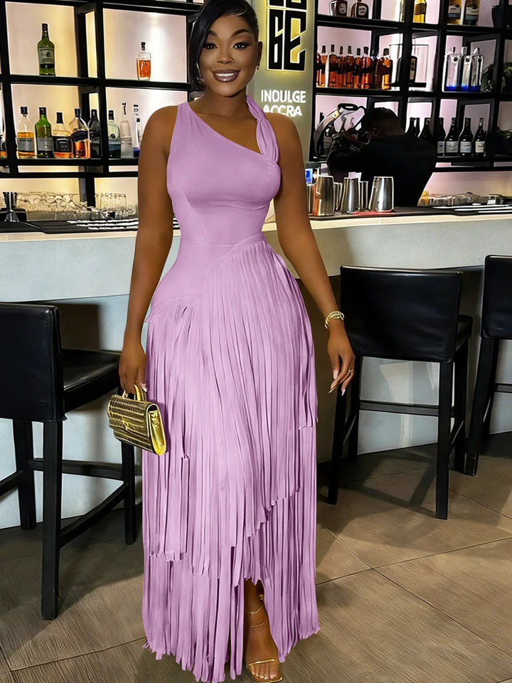 Luxury Red One Shoulder Fringe Maxi Dress For Girls