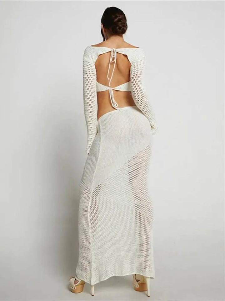 Womens Crochet Knit 2 Piece Set Backless Crop Top Skirt