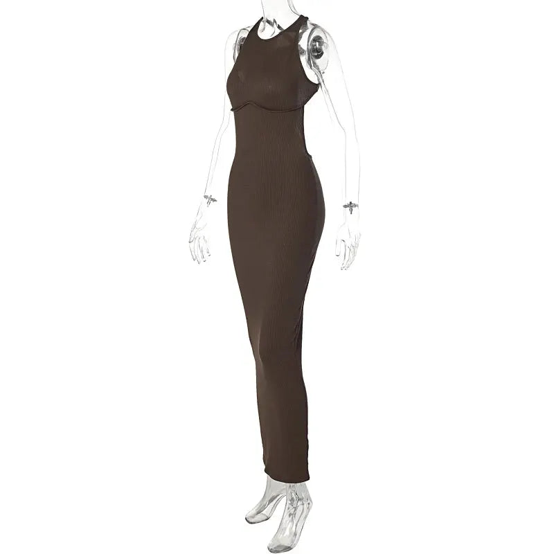 Hugcitar Ribbed Solid Hollow Out Backless Sleeveless Sexy Slit Mini Dress Bodycon 2025 Spring Women Outfits Elegant Party Y2K