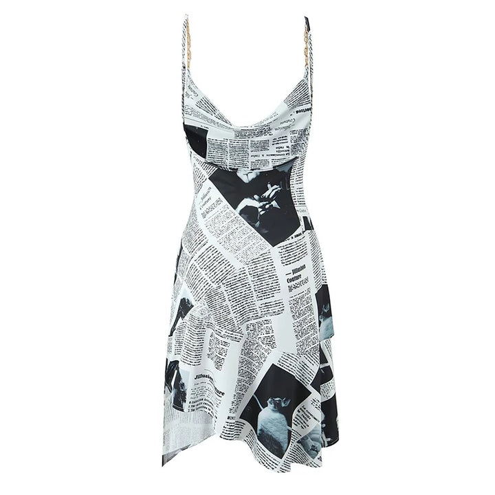 YENKYE New Women Newspaper Letter Print Irregular Hem Sling Dresses Fashion Backless Thin Straps With Chain Summer Sexy Dress