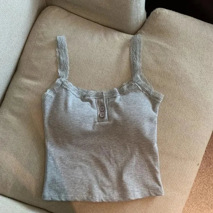 Sexy White Knit Camisole Lace Tank Top Cropped Vest Women&