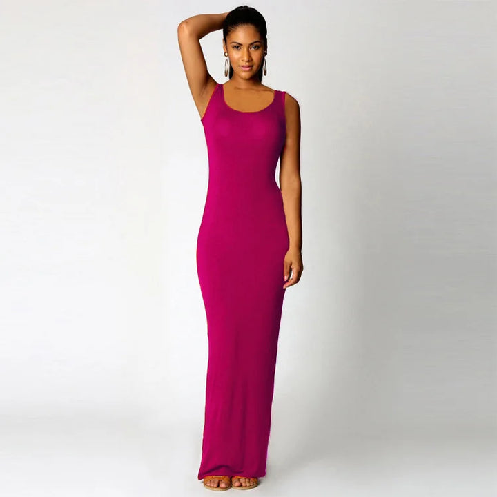 Women Sleeveless Maxi Bodycon Dress Solid Color