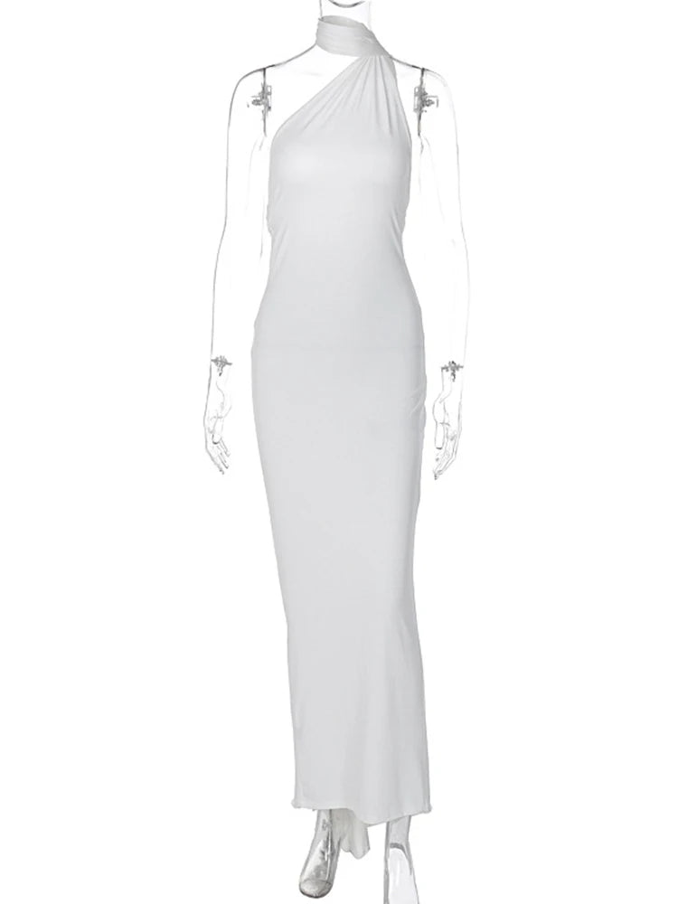 Neon Y2K One Shoulder Backless Ruched Maxi Dress