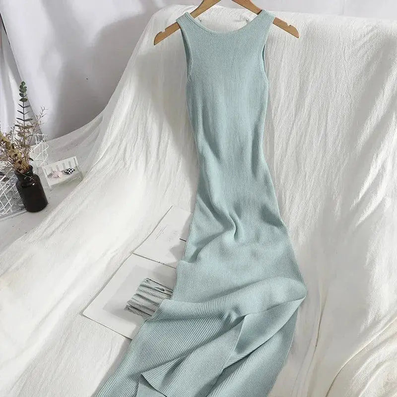 Korean Knitted V Neck Bodycon Dress Chic Hollow Out Style