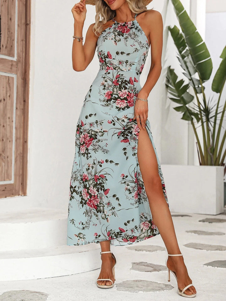 Elegant Floral Print Maxi Dress With High Slit