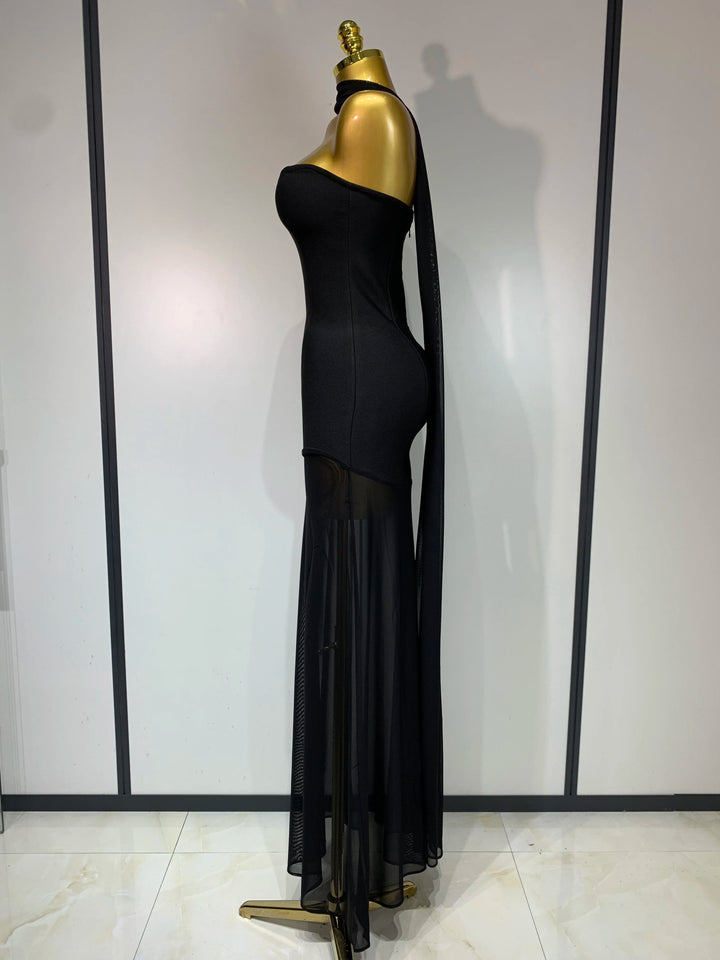 Black Strapless Bandage Dress Mesh Patchwork Gown