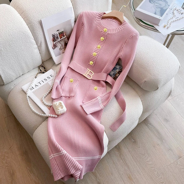 YuooMuoo Women Knitted Belted Dress Bodycon Office
