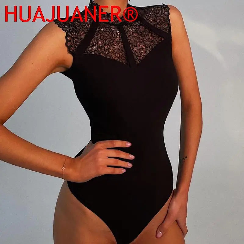 Women Lace Black Wrap Bodysuit Sleeveless Bodycon