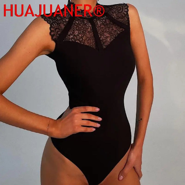 Women Lace Black Wrap Bodysuit Sleeveless Bodycon