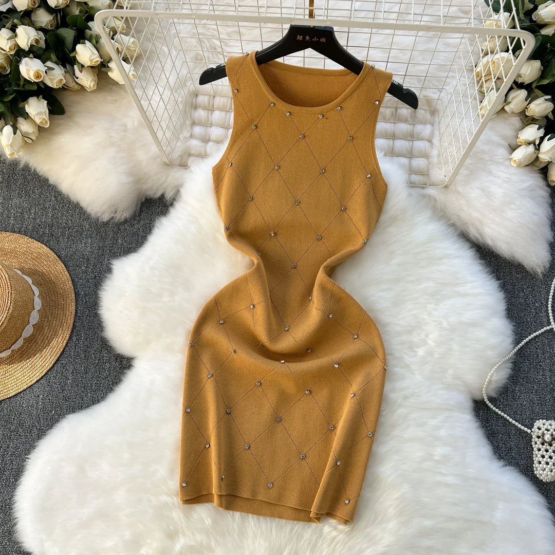 Beaded Knit Tank Dress For Women Bodycon Mini