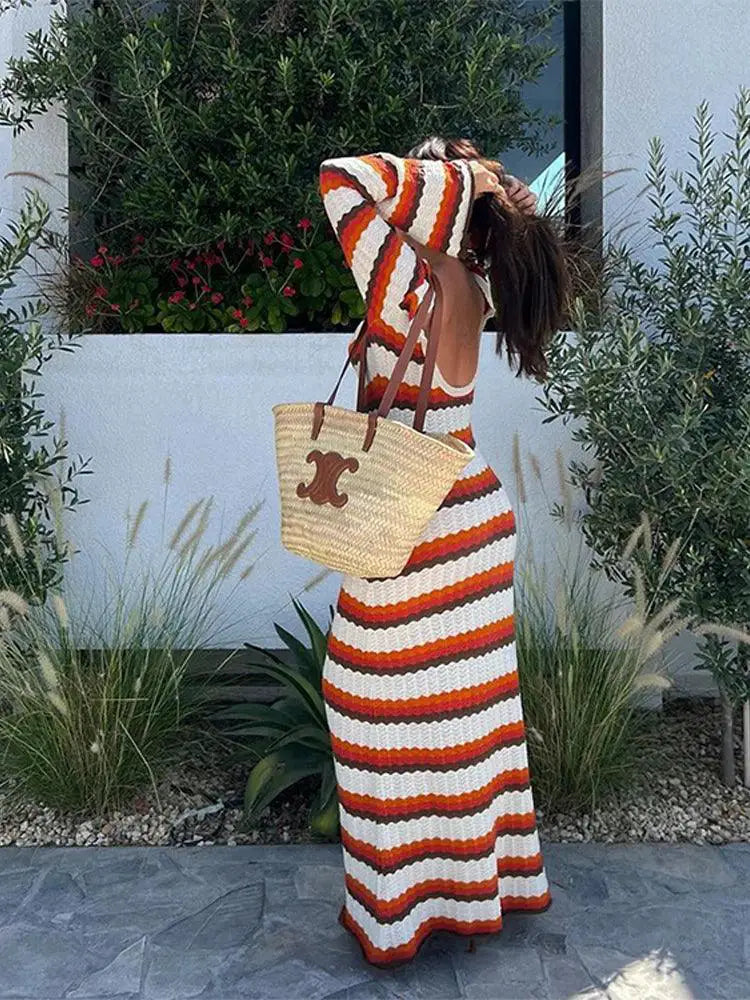 Bohemian Striped Ruffle Sleeve Bodycon Dress For Summer