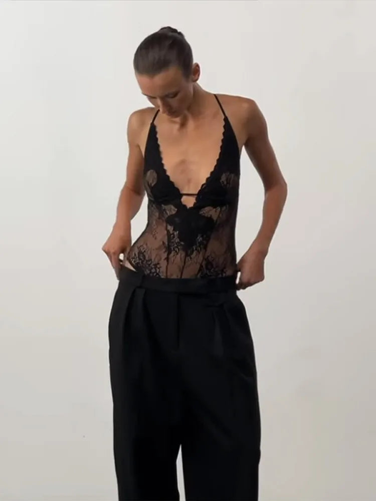 Stunning Sexy Lace Halter Bodysuit Slim Waist Cinch