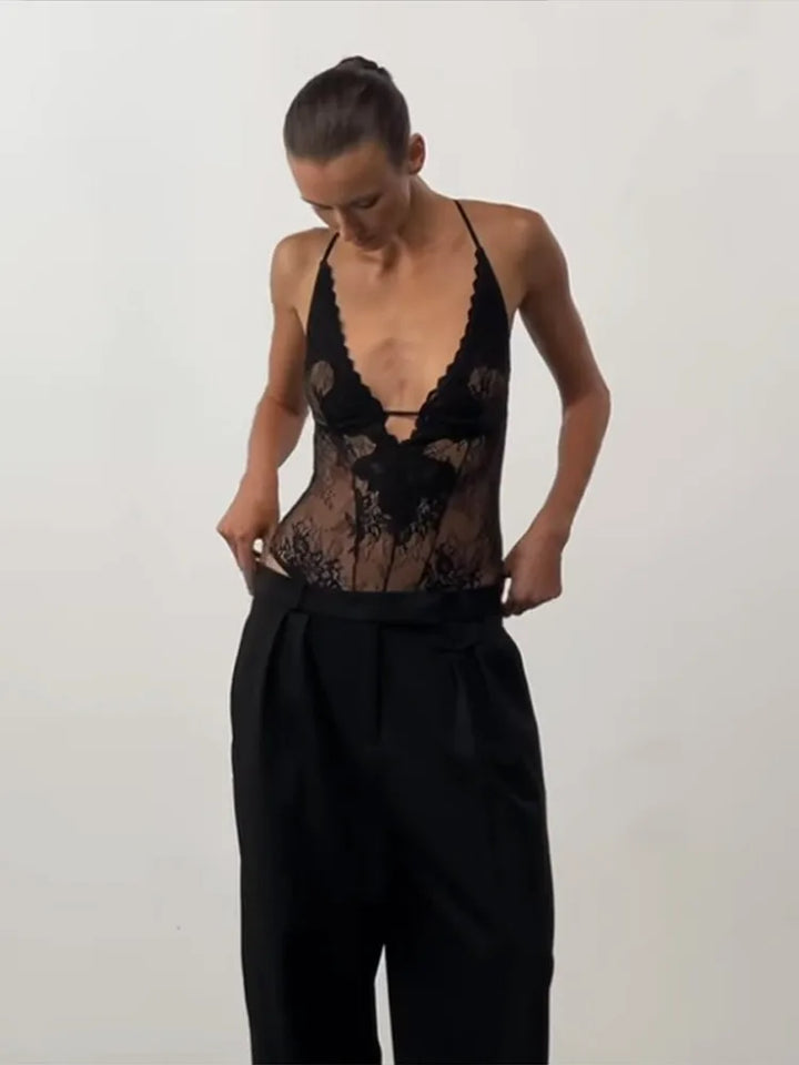 Stunning Sexy Lace Halter Bodysuit Slim Waist Cinch