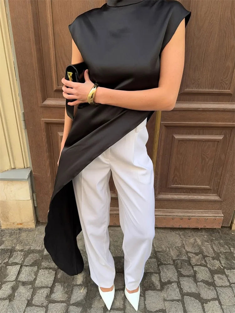 Stylish Satin Turtleneck Sleeveless Maxi Dress For Casual Commute