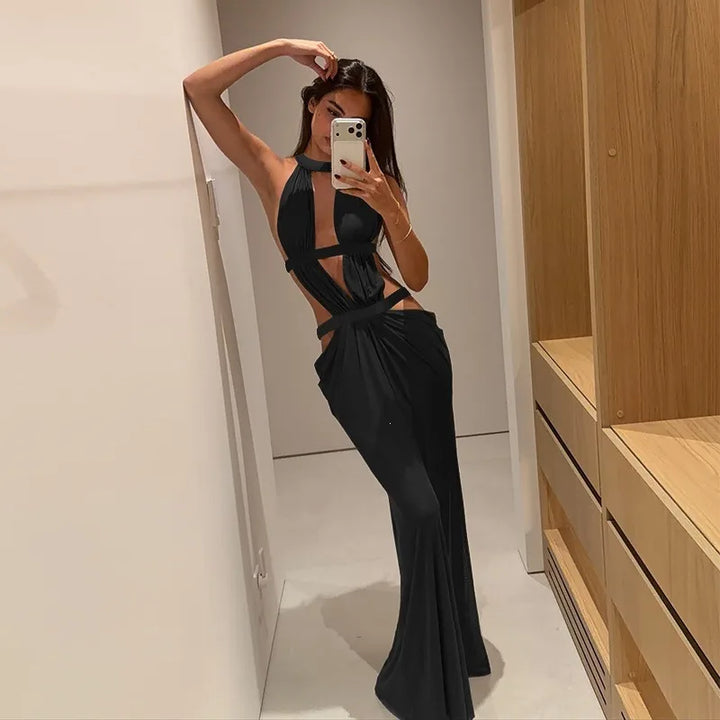 Sparkling Hollow Out Halter Dress High Waist Backless Long
