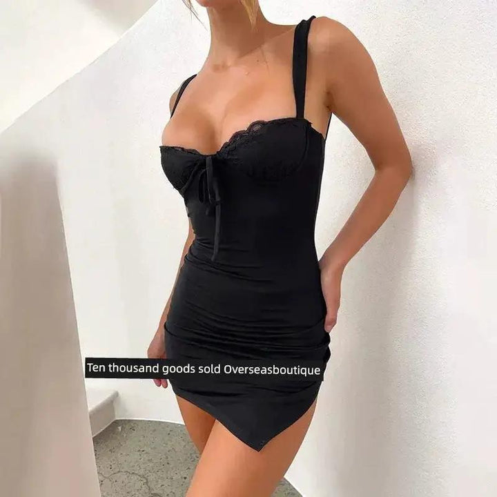 Split Spy Girl Strap Dress V Neck Lace Trim Slim Fit Slit - OurLum.com